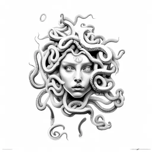 Medusa, Long hair, straight snakes, symmetrical  tattoo design idea