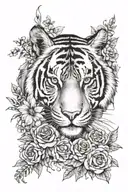 face behind tiger broken surrounded with flowers and include other animals  tattoo design idea