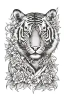 face behind tiger broken surrounded with flowers and include other animals  tattoo design idea