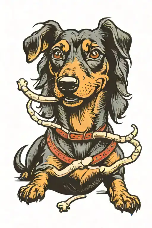 a dachshund with an evil grin and a bone in its teeth tattoo design idea