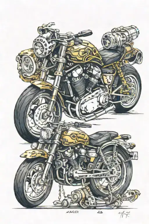 amstaff with a gold chain around his neck and a brass knuckle with the date 2006 hanging on it, and the horizontal number of gears of the motorcycle tattoo design idea