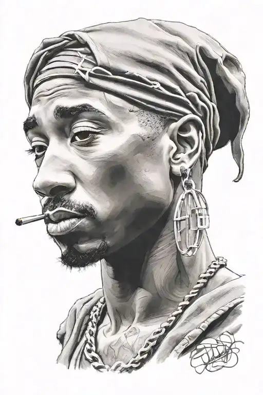 Create a portrait of 2Pac with a microphone in hand tattoo design idea