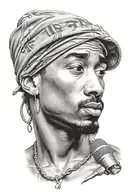 Create a portrait of 2Pac with a microphone in hand tattoo design idea