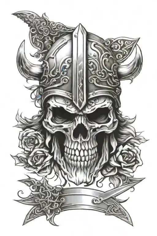 viking skull in helmet with sword through design inspired tattoo design idea