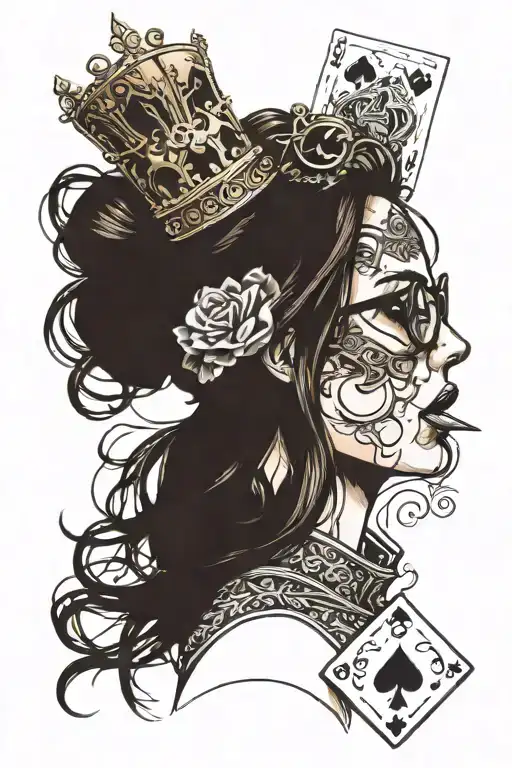 girl in profile, opens mouth, sticked out tongue, glasses, straight brown hair, long nose, crown, ace of spades card tattoo design idea