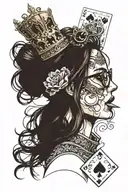 girl in profile, opens mouth, sticked out tongue, glasses, straight brown hair, long nose, crown, ace of spades card tattoo design idea