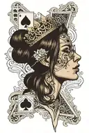 girl in profile, opens mouth, sticked out tongue, glasses, straight brown hair, long nose, crown, ace of spades card tattoo design idea