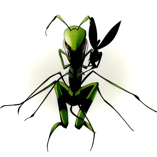 Green mantis holding a black moth tattoo design idea