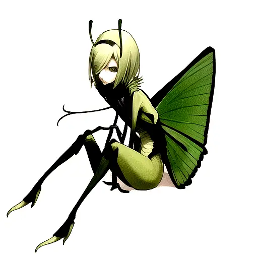 Green mantis holding a black moth by the wings tattoo design idea