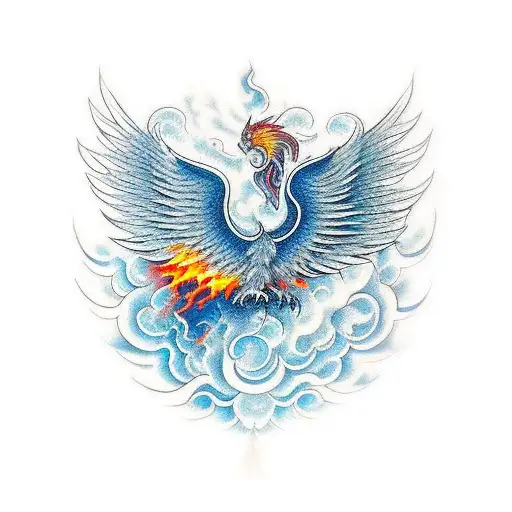 A powerful and majestic phoenix rising from the ashes, symbolizing your resilience and passion for your favorite things. tattoo design idea