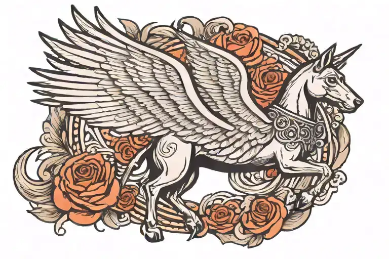 A melancholic doberman with wings of a pegasus horse with wings tattoo design idea