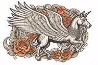 A melancholic doberman with wings of a pegasus horse with wings tattoo design idea