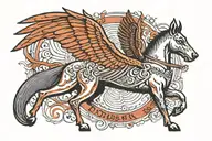 A melancholic doberman with wings of a pegasus horse with wings tattoo design idea