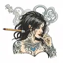 Sexy Goth straight black hair lit cigarette in mouth big breast lots of cleavage tattoo design idea