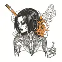Sexy Goth straight black hair lit cigarette in mouth big breast lots of cleavage tattoo design idea