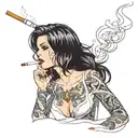 Sexy Goth straight black hair lit cigarette in mouth big breast lots of cleavage tattoo design idea