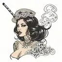 Sexy Goth straight black hair lit cigarette in mouth big breast lots of cleavage tattoo design idea