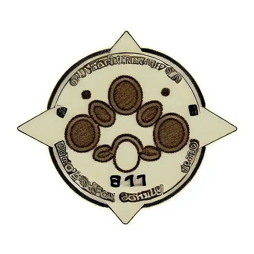 A security guard badge with intricate details and a paw print in the center, representing the client's dedication to the tattoo design idea