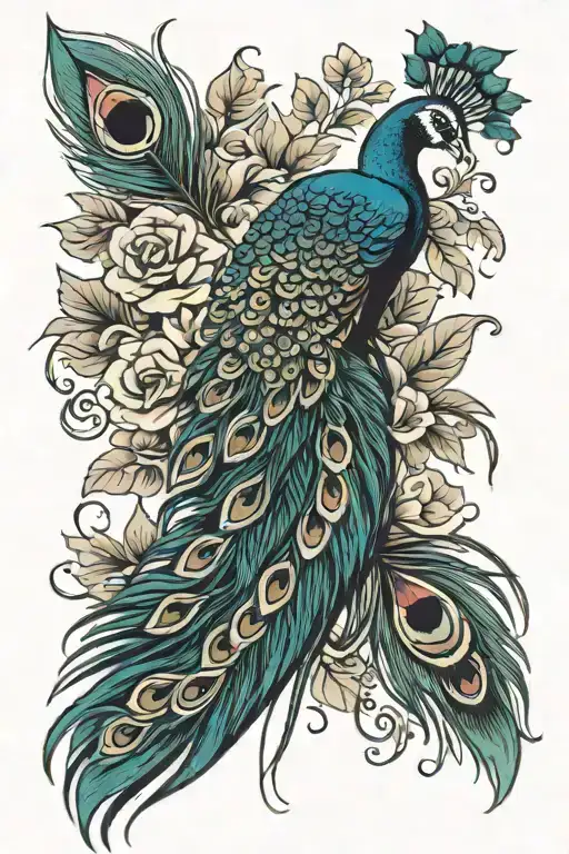 peacock feathers and flowers  tattoo design idea