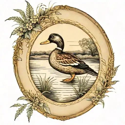 oval victorian picture frame with park landscape tattoo featuring willow tree, a pond with a duck in it,  wheat grass  tattoo design idea