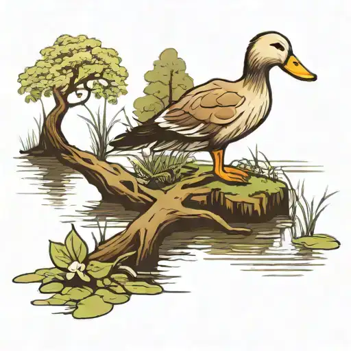 park memorial, willow tree, duck in pond, subtle dog bone tattoo design idea