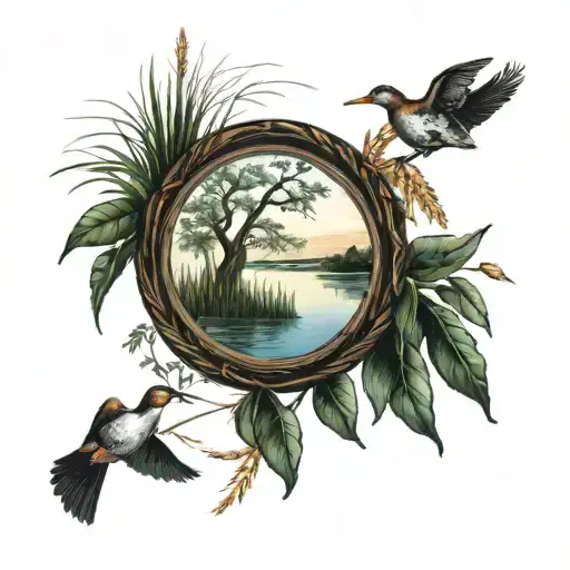 oval picture frame with park landscape tattoo featuring willow tree, duck in a pond,  wheat grass  tattoo design idea