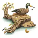 park memorial, willow tree, duck in pond, subtle dog bone tattoo design idea