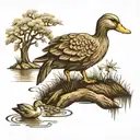 park memorial, willow tree, duck in pond, subtle dog bone tattoo design idea