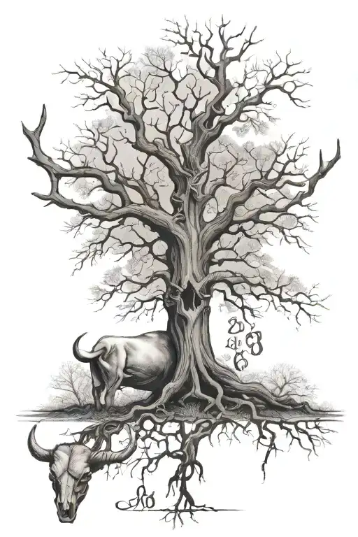 oak without leaves and a bull skull on the tree and numbers written underneath the tree like coordinates tattoo design idea