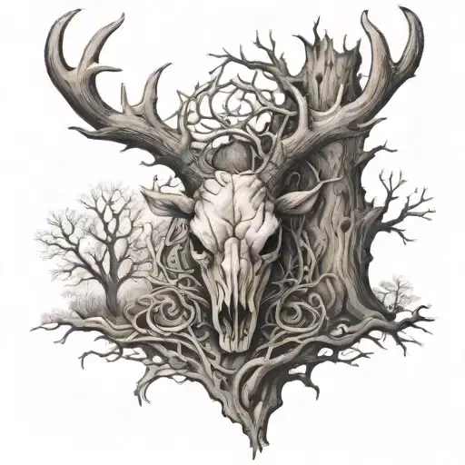 oak without leaves and a bull skull on the tree and coordinates written underneath the tree tattoo design idea