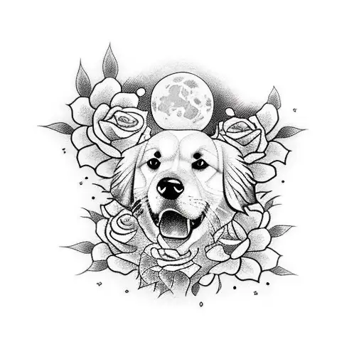 A sleeve tattoo of a golden retriever howling at the moon surrounded by roses tattoo design idea