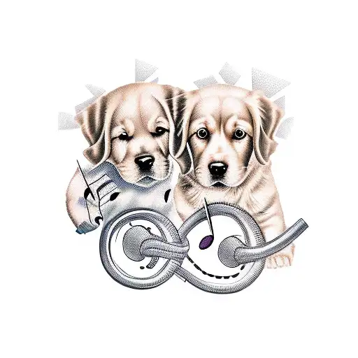 A sleeve tattoo featuring musical notes intertwined with golden retrievers tattoo design idea