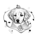 A sleeve tattoo featuring musical notes intertwined with golden retrievers tattoo design idea