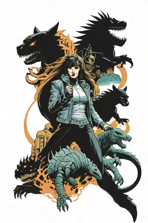 elements of godzilla catwoman dracula helen ripley dune blade runner mash up comic book style bright colour realism tattoo design idea