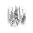 A cyberpunk cityscape with a guitar as the central landmark tattoo design idea