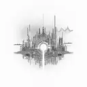 A cyberpunk cityscape with a guitar as the central landmark tattoo design idea