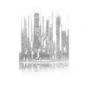 A cyberpunk cityscape with a guitar as the central landmark tattoo design idea