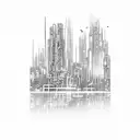 A cyberpunk cityscape with a guitar as the central landmark tattoo design idea