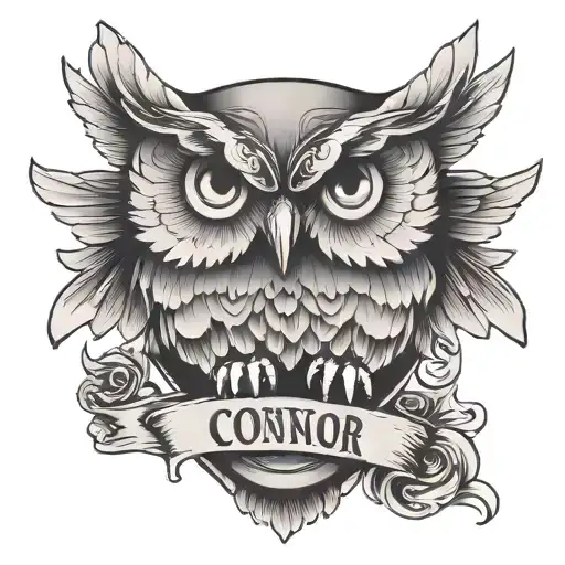 owl with wings spread protecting the words "Connor" and "Tyler" tattoo design idea