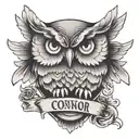 owl with wings spread protecting the words "Connor" and "Tyler" tattoo design idea