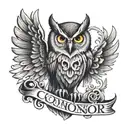 owl with wings spread protecting the words "Connor" and "Tyler" tattoo design idea