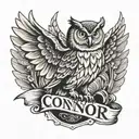 owl with wings spread protecting the words "Connor" and "Tyler" tattoo design idea