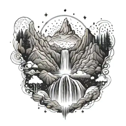 An intricate mountain range with a waterfall cascading down, surrounded by stars and planets tattoo design idea