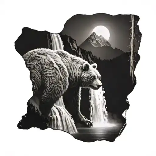 waterfall with mountains and bear  tattoo design idea