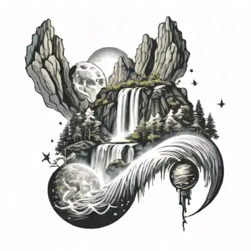 An intricate mountain range with a waterfall cascading down, surrounded by stars and planets tattoo design idea
