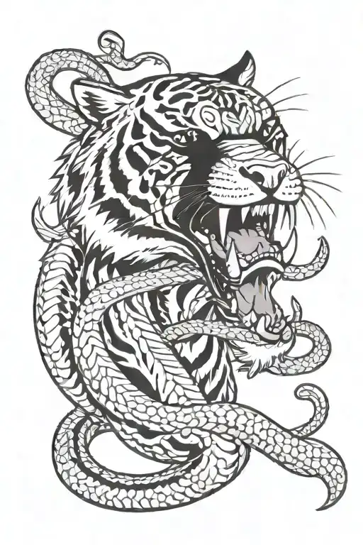 tiger biting a terrible snake tattoo design idea