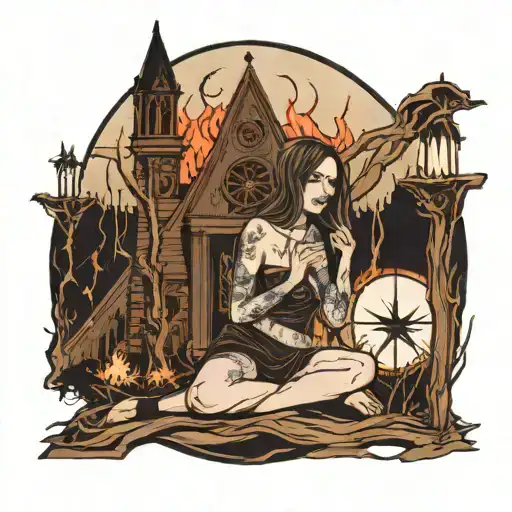 woman kneeling inside a pentagram made of sticks in front of a burning church with the moon in the background tattoo design idea