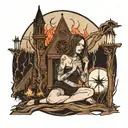 woman kneeling inside a pentagram made of sticks in front of a burning church with the moon in the background tattoo design idea