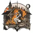 woman kneeling inside a pentagram made of sticks in front of a burning church with the moon in the background tattoo design idea