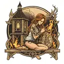 woman kneeling inside a pentagram made of sticks in front of a burning church with the moon in the background tattoo design idea
